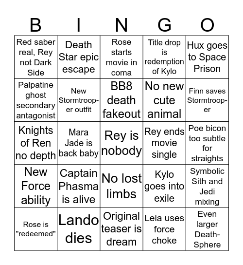 The Rise of Skywalker Bingo Card