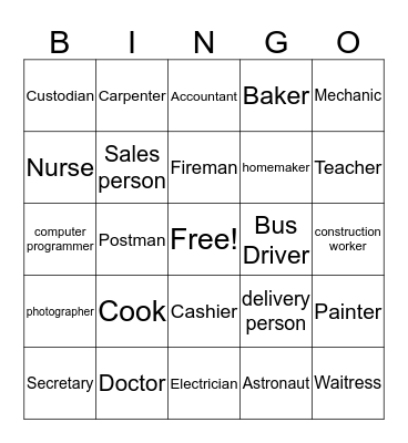 JOBS/OCCUPATION Bingo Card