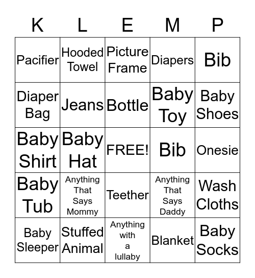 Baby Gift Bingo Card