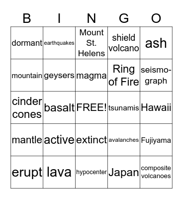 VOLCANO Bingo Card