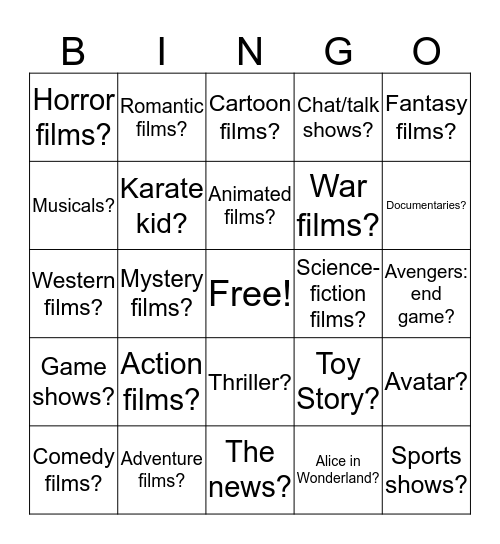 Question: Do you like__________? Bingo Card