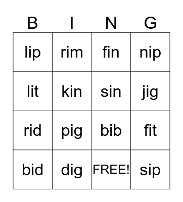 Common Nouns Bingo Card