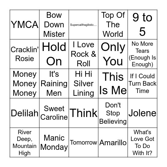 Spice's Jukebox Bingo!  Bingo Card