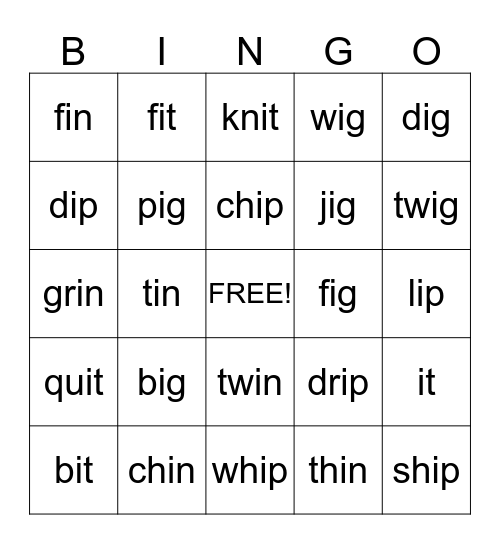 Short i Words Bingo Card