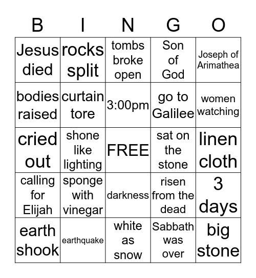Matthew 27:45 - Matthew 28 Bingo Card