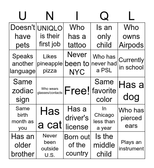 UNIQLO BINGO Card