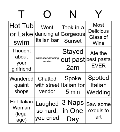 Tony's Italian Bingo Card