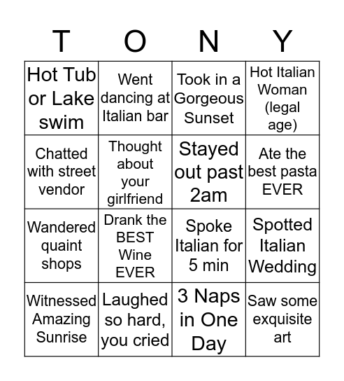 Tony's Italian Bingo Card