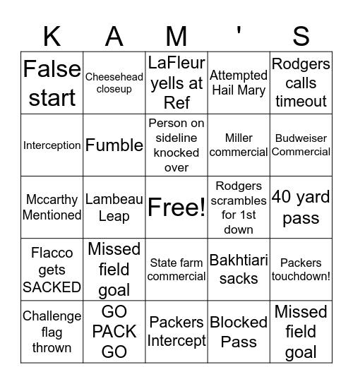 PACKERS BIINGO Bingo Card