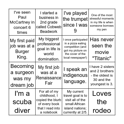 Getting to Know You Bingo Card