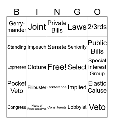 Legislative Branch Bingo Card