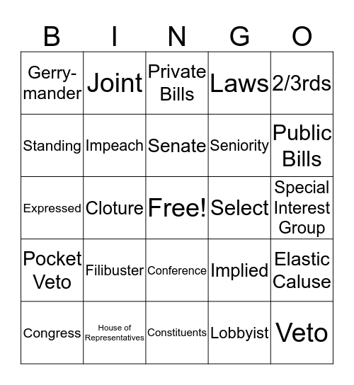Legislative Branch Bingo Card