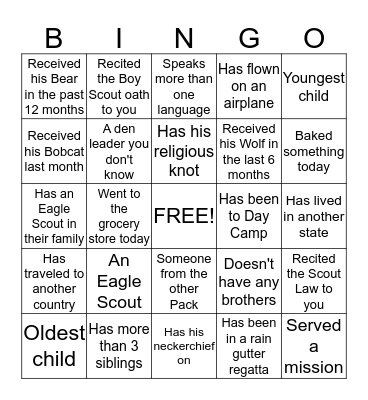 Pack Meeting Bingo Card