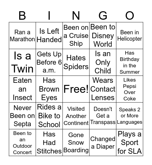 Get To Know Your Classmates! Bingo Card