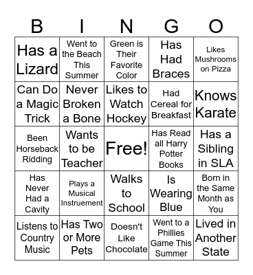 Get To Know Your Classmates! Bingo Card