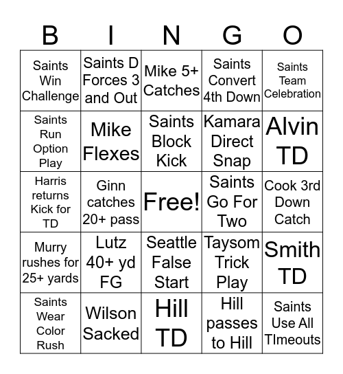 Saints vs Seahawks Bingo Card