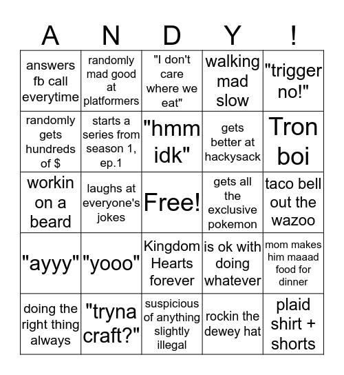 Andy Bingo Card