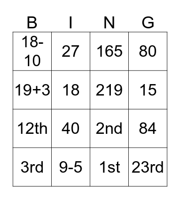 NUMBERS Bingo Card