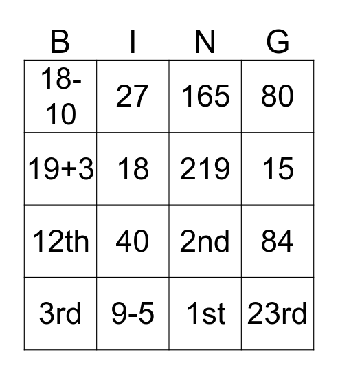 NUMBERS Bingo Card