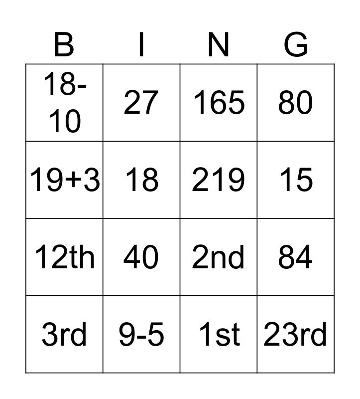 NUMBERS Bingo Card