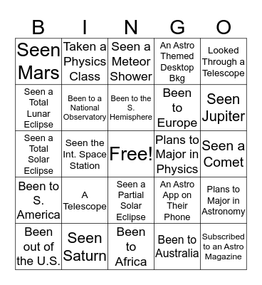 Astronomy Bingo - Meet Someone Who Has... Bingo Card