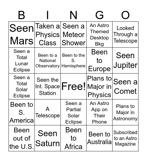 Astronomy Bingo - Meet Someone Who Has... Bingo Card
