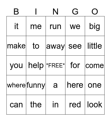SIGHT WORDS Bingo Card