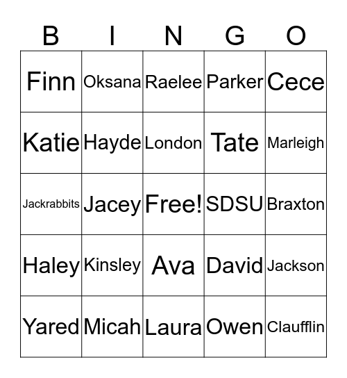Classroom Names Bingo Card