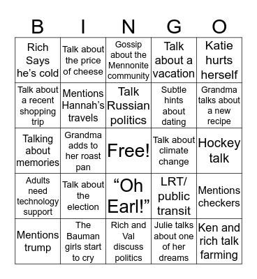 Bauman Family Conversation Topics  Bingo Card