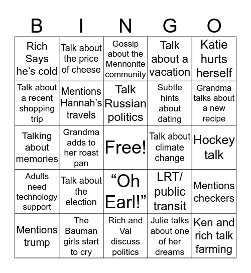 Bauman Family Conversation Topics  Bingo Card
