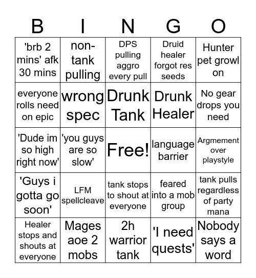 Classic WoW Dungeon Bingo Card