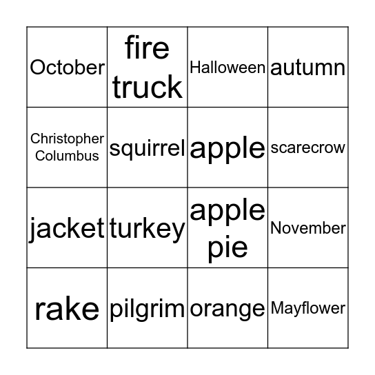 Fall Vocabulary Bingo Card