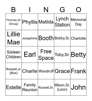 Russell, Sr. & Matilda Woodruff Bingo Card