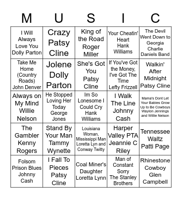 Classic Country Bingo Card