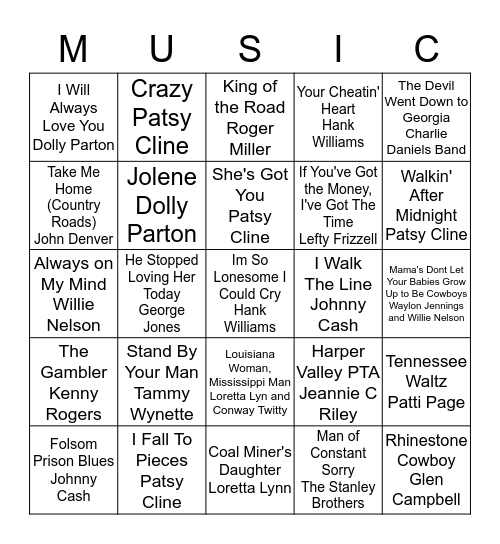 Classic Country Bingo Card