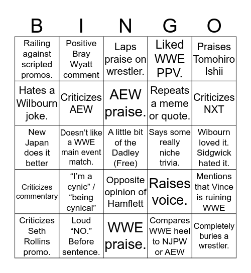 Sidgwick BINGO Card