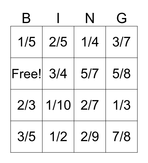 Fraction Bingo! Bingo Card