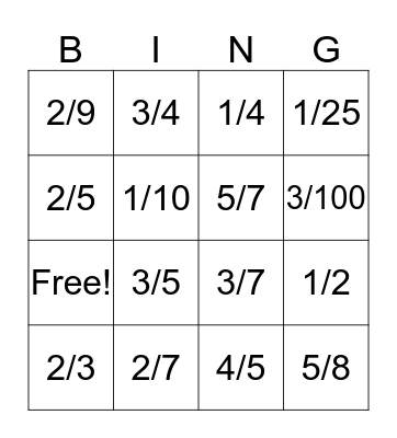 Fraction Bingo! Bingo Card