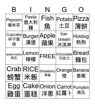 Food Bingo Game Bingo Card