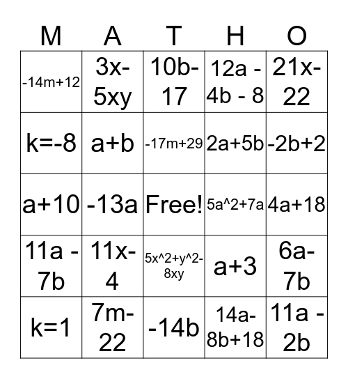Combining Like Terms Matho Bingo Card