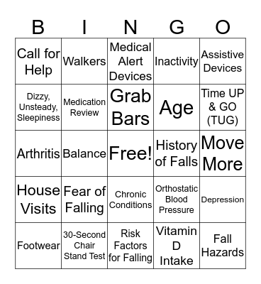 Falls Prevention Bingo Card