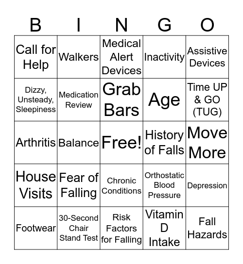 Falls Prevention Bingo Card