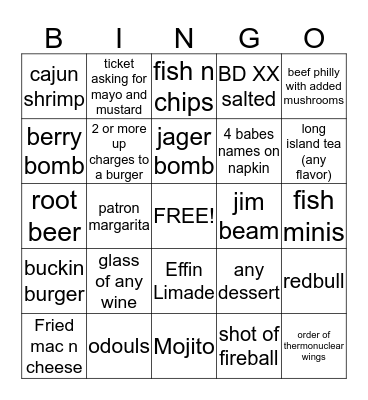 Prize - $5 and a free meal  Bingo Card