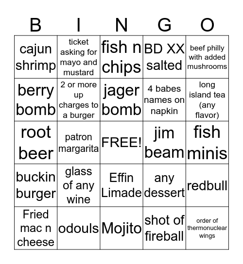 Prize - $5 and a free meal  Bingo Card