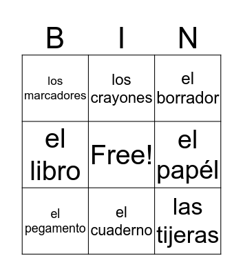 Los útiles escolares Bingo Card