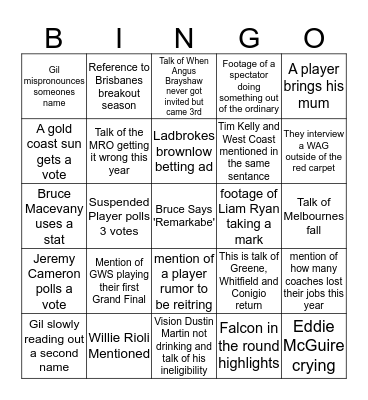 Brownlow Bingo Card