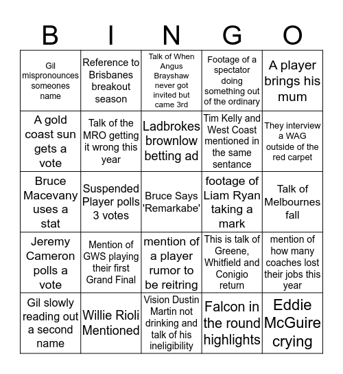 Brownlow Bingo Card