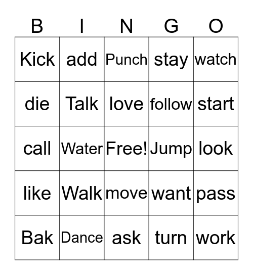 Regular Verbs Bingo Card