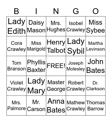 Downton Abbey Character Bingo Card