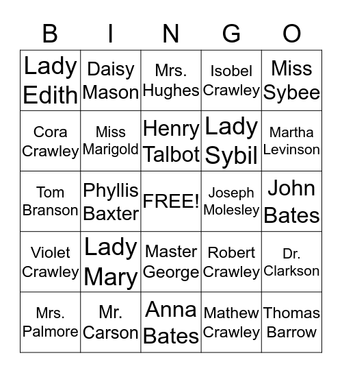 Downton Abbey Character Bingo Card
